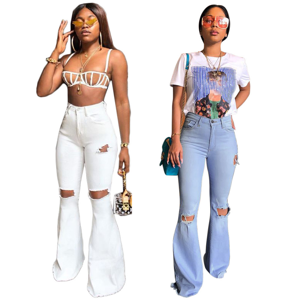 Summer Women's Pants White High Waist Female Denim Bell Bottom Casual Ripped Jeans For Women Mom Jeans Flare Skinny Jeans Woman