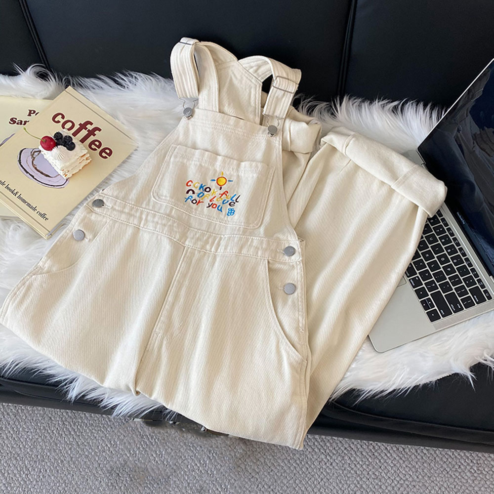  Embroidery White Denim Overalls Women Straps Pants High Waist Wide Leg Pants Casual Loose Female Jumpsuit Jeans  New