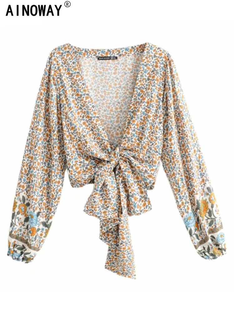 Vintage Chic  Women Floral Print Rayon Bohemian Blouse Ladies Loose Crop Top Long Sleeve Boho Shirts Kimono Cover-up