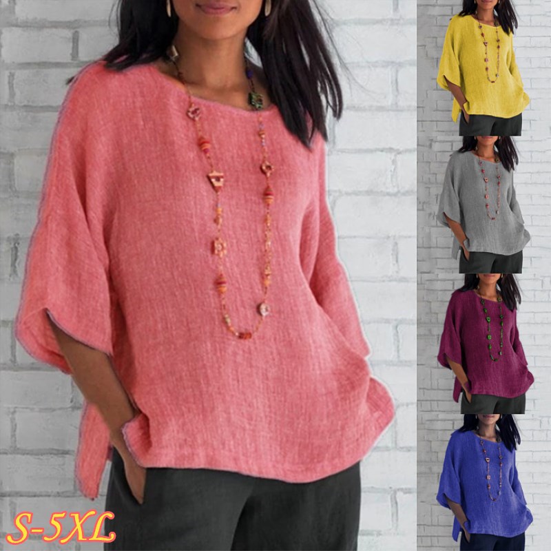 Cotton Linen Blouse Shirts Summer O-Neck Three Quarter Loose S-5XL Casual Linen Blouse Tops FYY10718
