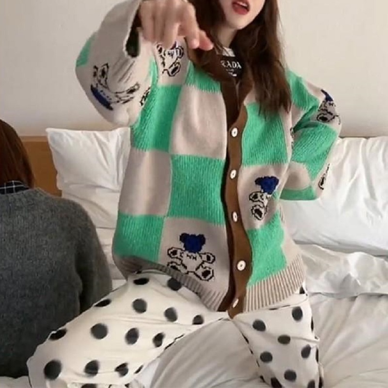 Deeptown  Style Bear Print Sweater Women Kawaii Plaid Loose Knitted Jumper Japanese  Polo Collar Tracksuit Autumn