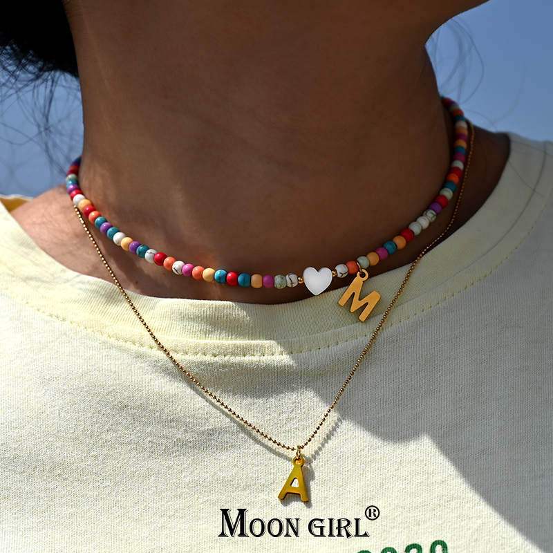 Colorful Beads Initial Choker for Women Stainless Steel Letter Pendant Necklace  Shell Heart Jewelry Boho Accessories