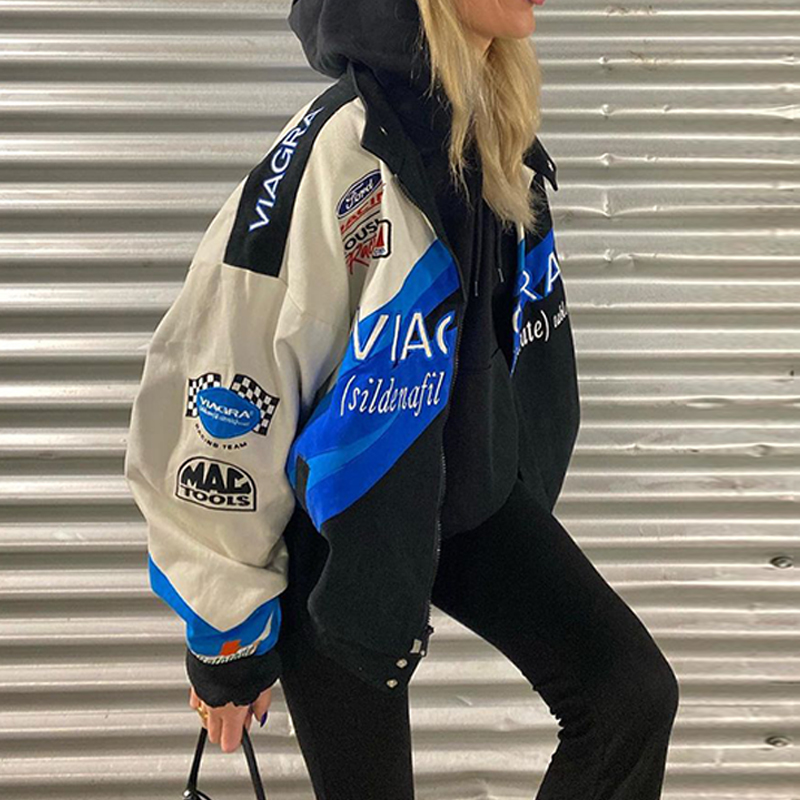 Oversized printed jacket female Gothic racing suit hip-hop street style jacket Y2K oversized baseball uniform jacket bomber top