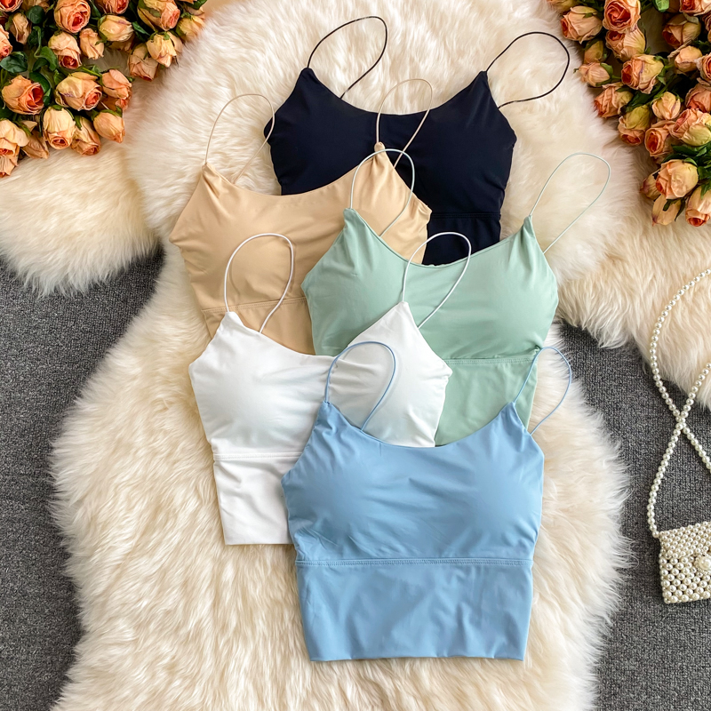 Sexy solid color crop tops sports spaghetti strap tanke top women built in bra off shoulder sleeveless omighty camisole 