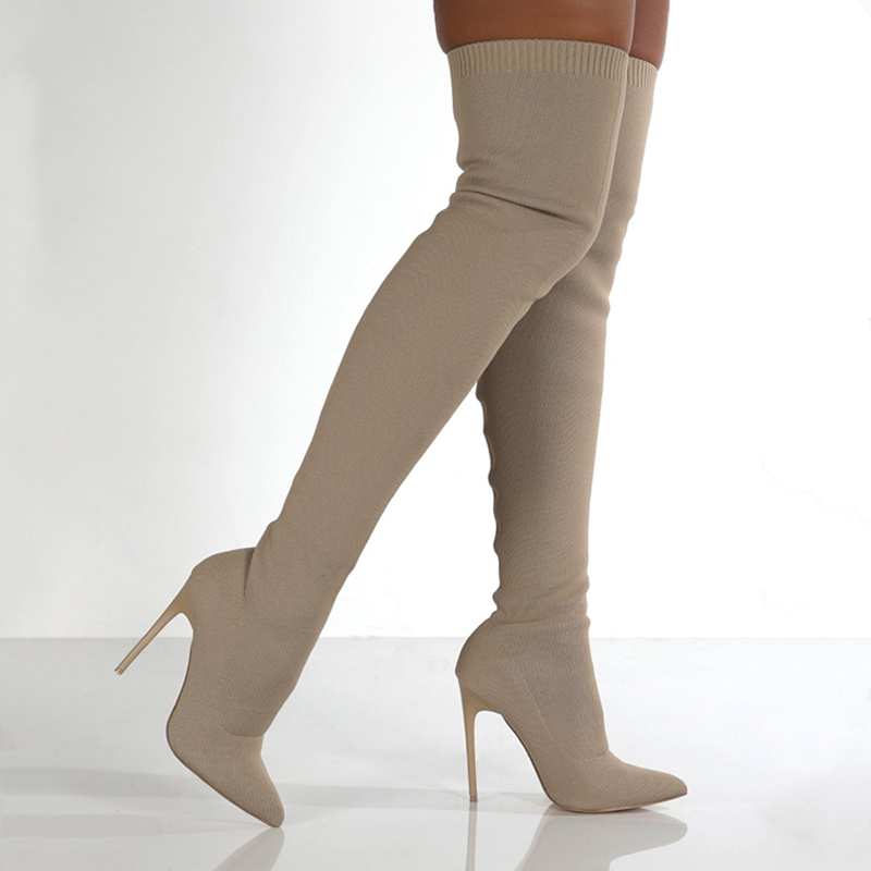 Ladies  Over The Knee Long Boots Women Winter Warm Slim High Heel Slip on Shoes Pointed Toe Woman Long Boots