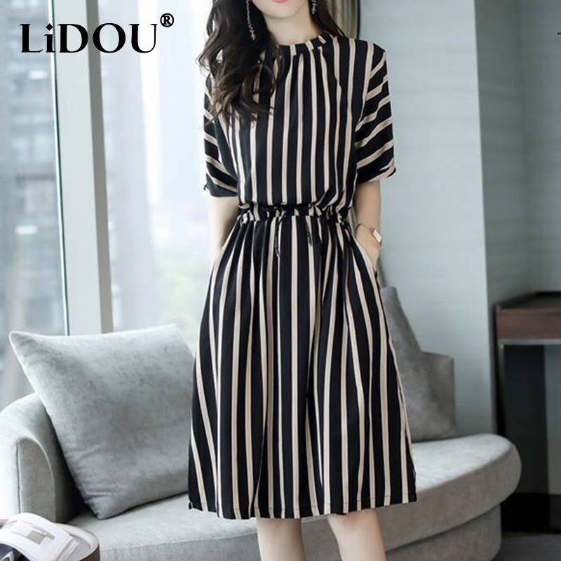  Summer  Style Elegant  Aesthetic Dress Women O Neck Waist Retraction Stripe Vestidos De Fiesta Chic Robe Femme