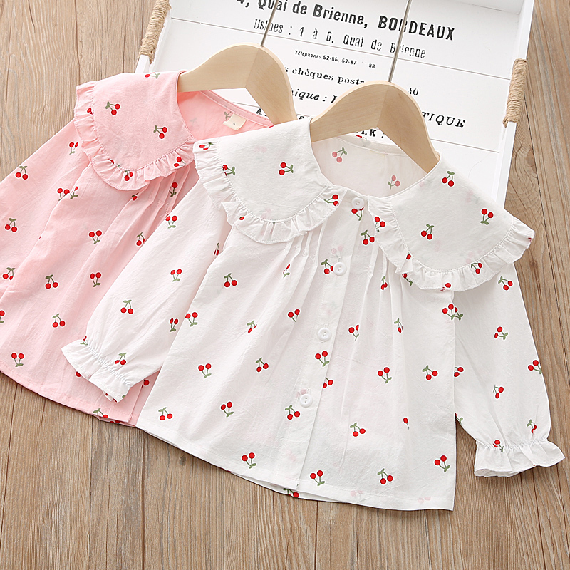 IENENS Girls Blouses Clothes Baby Spring Shirts Toddler Infant Cherry Print Tees Tops 1 2 3 4 Years Kids Cotton Shirt