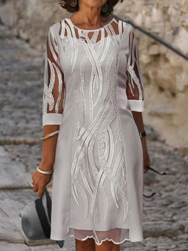 Spring Summer Half Sleeve Casual Dress Sexy See-through Patchwork Lace Party Dress Women  O Neck Loose Pullover Dress