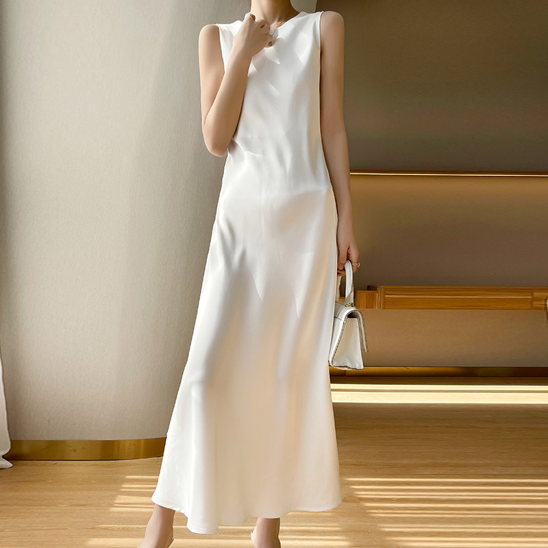  Pure Silk Dress Women's Satin Suspender Long Skirt Mulberry Silk Acetate Slim Fit Round Neck A-Line Skirt