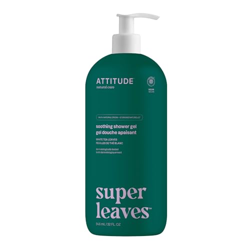 ATTITUDE Soothing Shower Gel, Dermatologically Tested, Plant and Mineral-Based, Vegan Personal Care Products, White Tea Leaves, 32 Fl Oz