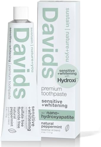 Davids Fluoride Free Nano Hydroxyapatite Toothpaste for Remineralizing Enamel & Sensitive Relief, Whitening, Antiplaque, SLS (Sulfate) Free, Natural Peppermint, 4 oz, Made in USA