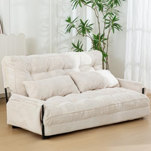 MAXYOYO Adjustable Floor Sofa Couch with 2 Pillows, Multi-Functional Bean Bag Bed, 5-Position Foldable Lazy Sofa Sleeper Bed with Armrest Versatile Floor Seating Sofa for Reading Gaming, Beige, Double