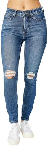 Judy Blue Women's Mid Rise Tummy Control Destroy Skinny Denim Jeans, 88798