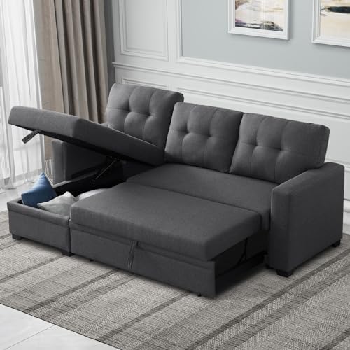 Rovibek 4-in-1 Convertible L Shaped Couch with Pull Out Bed and Storage Sectional Sleeper Sofa with Reversible Chaise for Living Room, Apartment, Bedroom, Office, Charcoal Grey