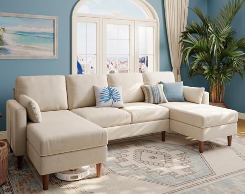 LINSY HOME Sectional Sofa, Chenille U-Shaped Couch with Chaises and 2 Armrest Pillows, Reversible 4-Seat Modern Sectional Couch for Living Room, Beige