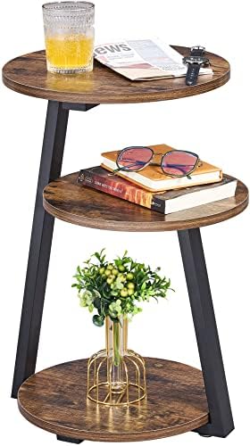 BEWISHOME Round End Table Side Table with Metal Frame, Accent Table Nightstand Bedside Table with 3-Tier Shelves for Living Room Bedroom Couch Small Coffee Table Rustic Brown KTZ41Z