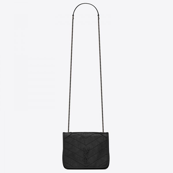 Saint Laurent WOC Niki Chain Wallet In Black Crinkled Leather